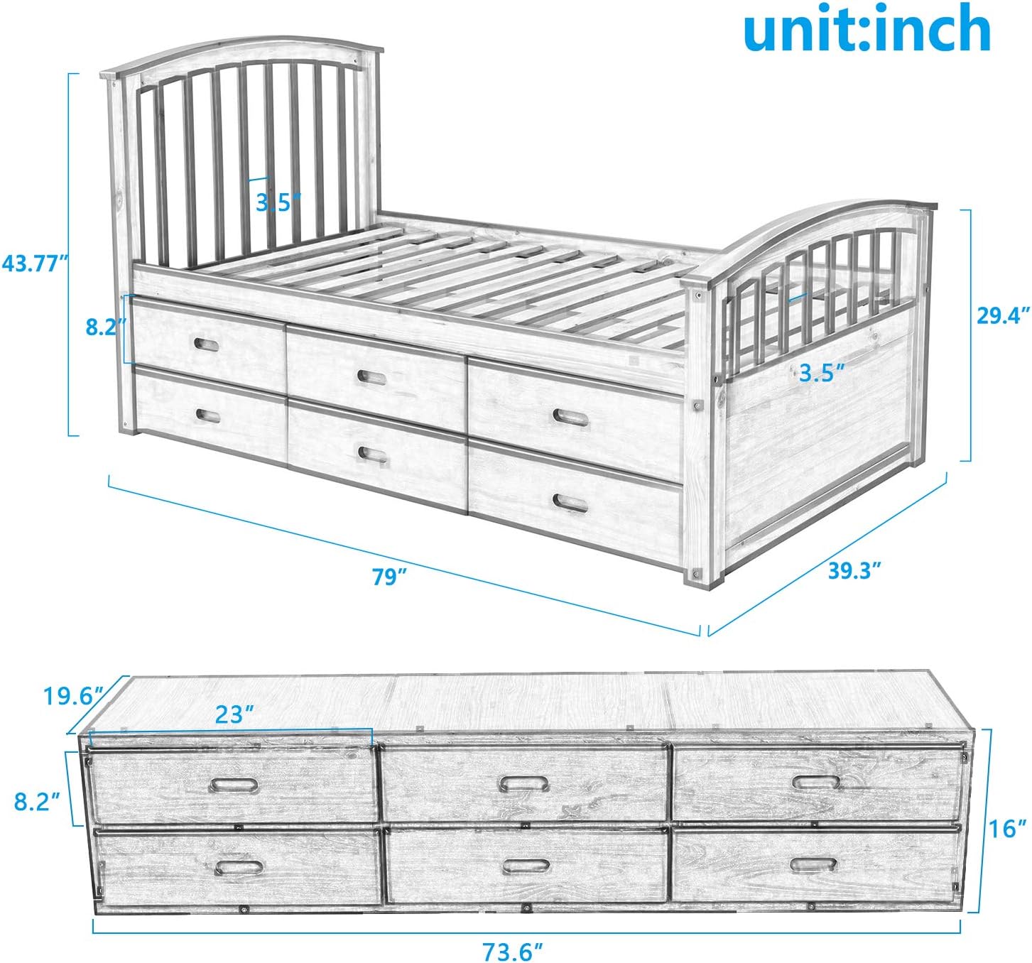 Merax Twin Size Platform Storage Bed Solid Wood Bed with 6 Drawers