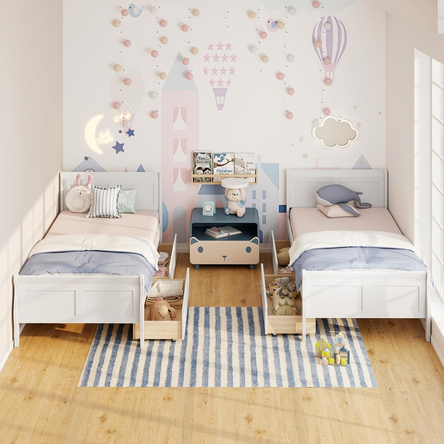 KOMFOTT 2 Twin Bed with 2 Drawers, Twin Storage Bed with Headboard for Bedroom, Sleigh Wood Bed Frame with Wooden Slats Support for Kids, Teens, Adults, No Box Spring Needed (White)