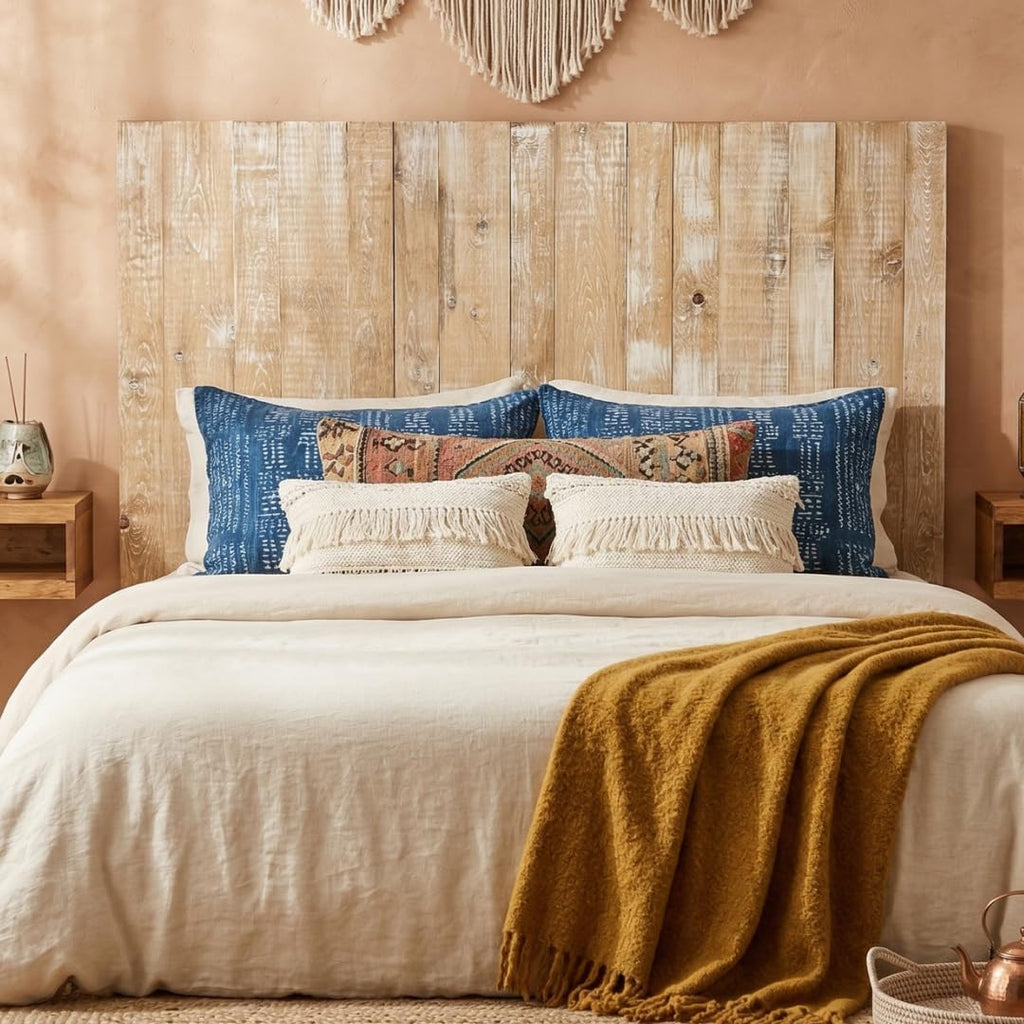 Barn Walls Boho Whitewash Headboard, Bohemian Design, Solid Wood Headboard, Floating Panels, Wall Mount, Adjustable Height, Easy Assembly, King Size