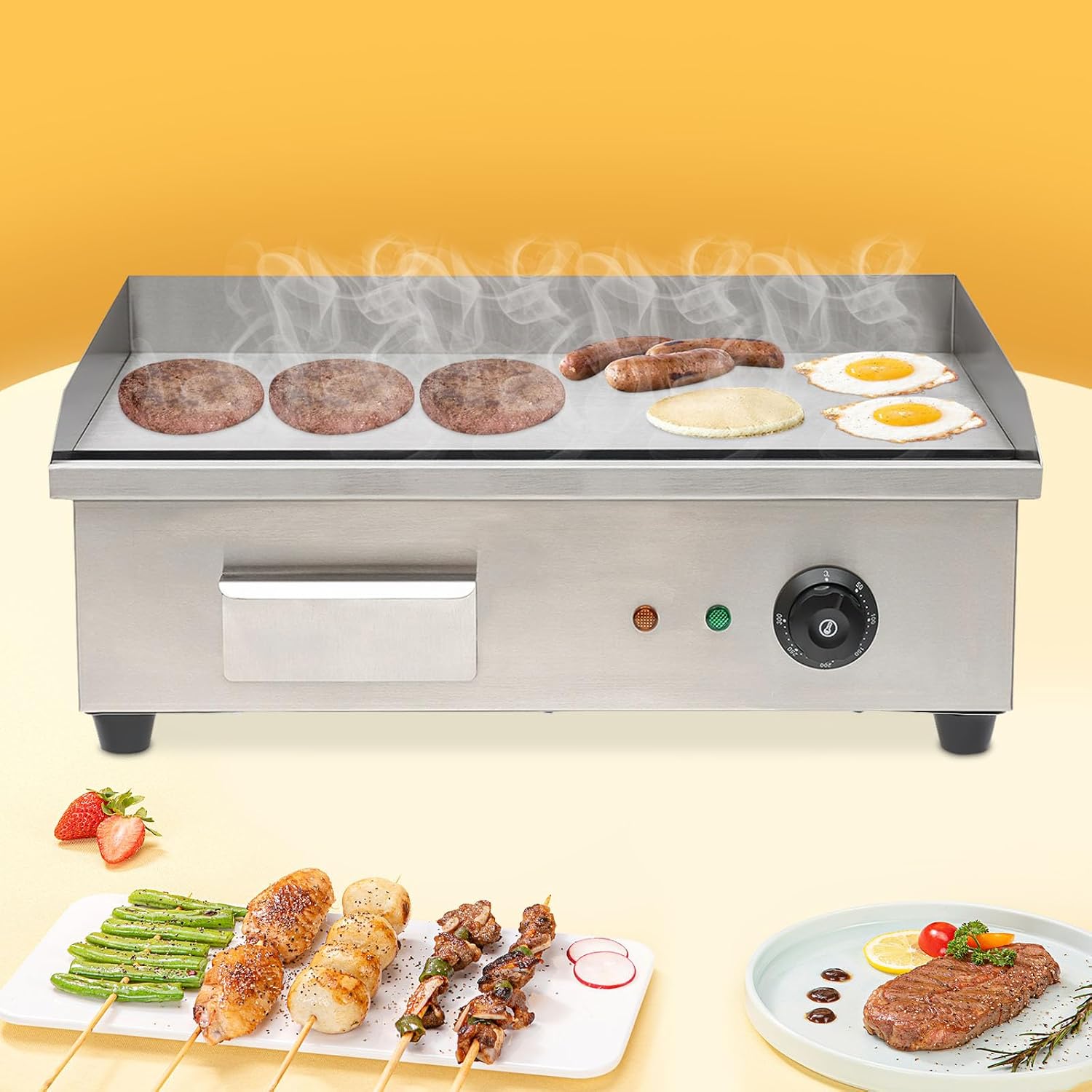 Commercial Griddle,110V 3000W Commercial Restaurant Electric Grill Griddle Cooktop Plate Combo Stainless Adjustable Thermostatic Control 50-300℃