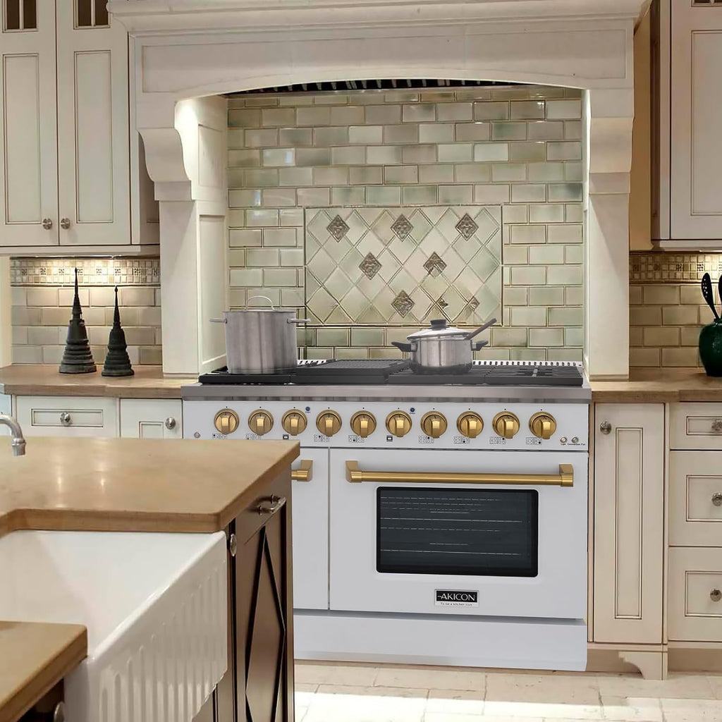 Akicon 48 Inch Freestanding Double Rapid Convection Gas Range - 6.7 cu. ft. Oven - 8 Sealed Burners & Griddle, Heavy Duty Cast Iron Grates (White & Gold)