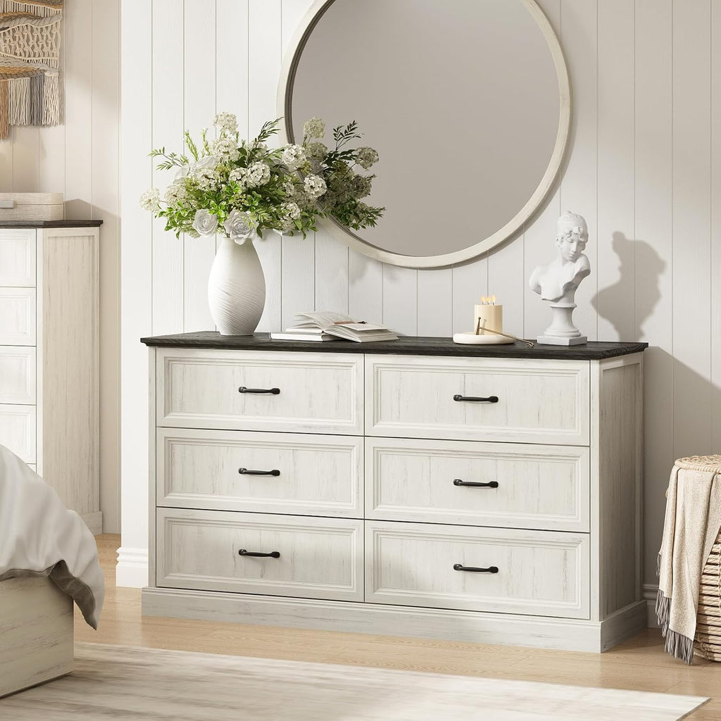 CARPETNAL Farmhouse Dresser and Nightstand Sets for Bedroom, 3 Pcs Bedroom Set, 6 Drawer Dresser & Nightstand Set of 2, Modern Wood Chest of Drawers for Bedroom, Living Room, Entryway, White