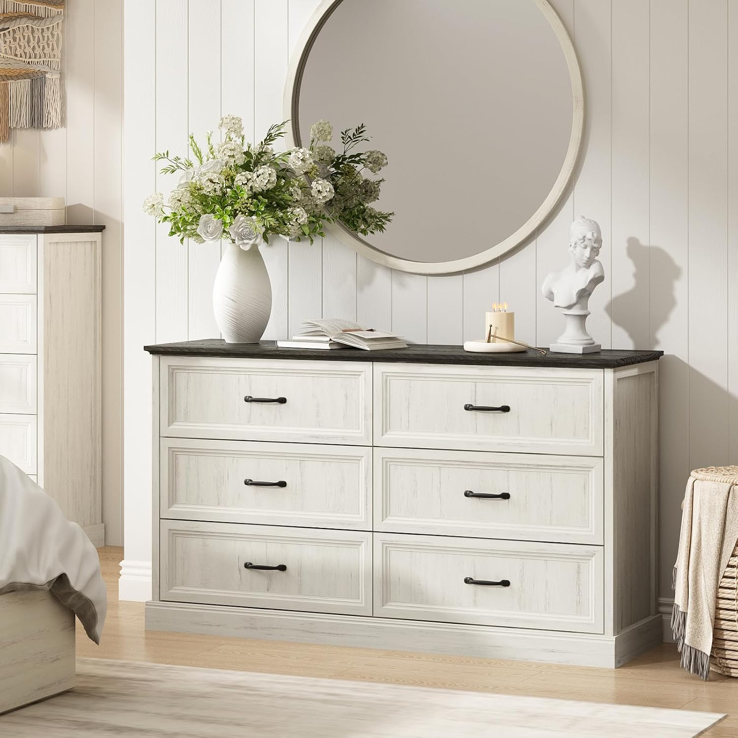 CARPETNAL Farmhouse Dresser and Nightstand Sets for Bedroom, 3 Pcs Bedroom Set, 6 Drawer Dresser & Nightstand Set of 2, Modern Wood Chest of Drawers for Bedroom, Living Room, Entryway, White