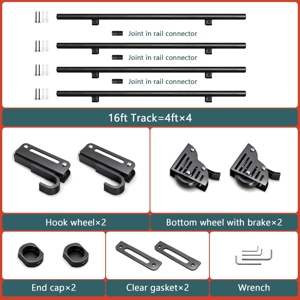 16FT Sliding Library Ladder Hardware Kit,Black Telescopic Top Hook,Bottom Wheel with Brake,MAX Load 300lbs,No Ladder