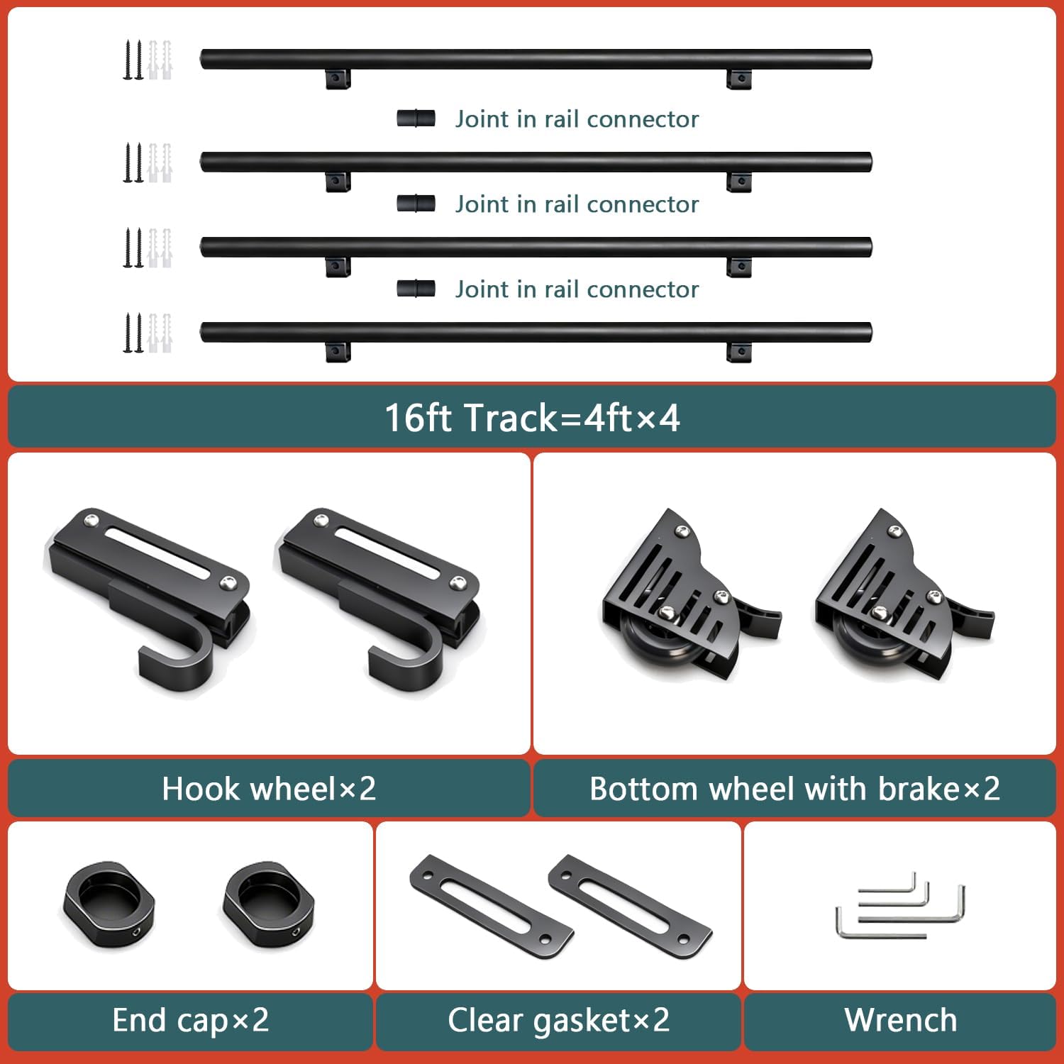16FT Sliding Library Ladder Hardware Kit,Black Telescopic Top Hook,Bottom Wheel with Brake,MAX Load 300lbs,No Ladder