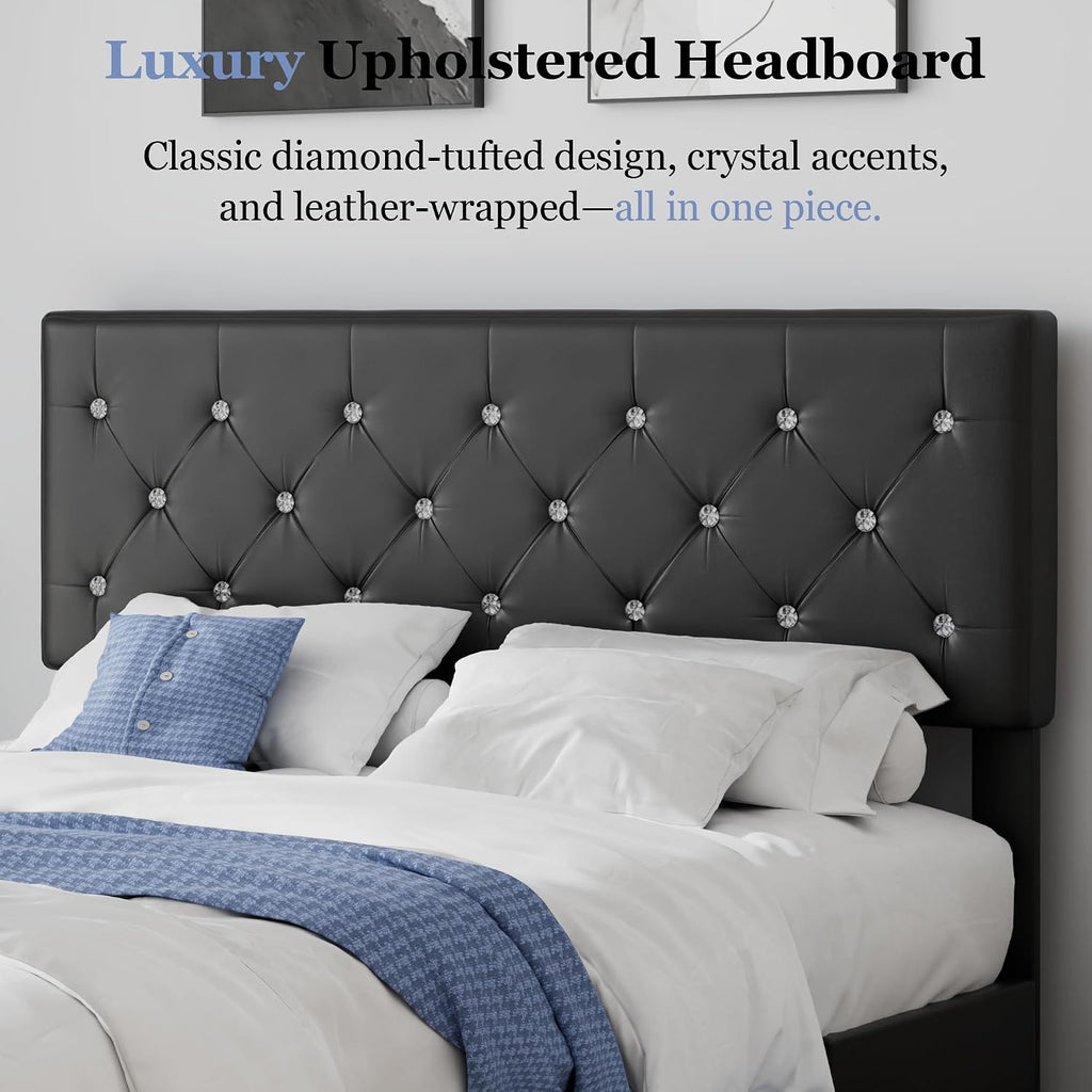 VECELO Full Size Bed Frame with 3 Storage Drawers, Leather Upholstered with Diamond Tufted Headboard, Solid Wood Slat Support & Steel Framework, Black