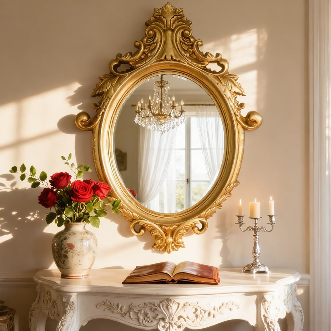 23X32 Inch Gold Vintage Oval Bathroom Mirror, Antique Oval Wall Mounted Vanity Mirror for Living Room Decor