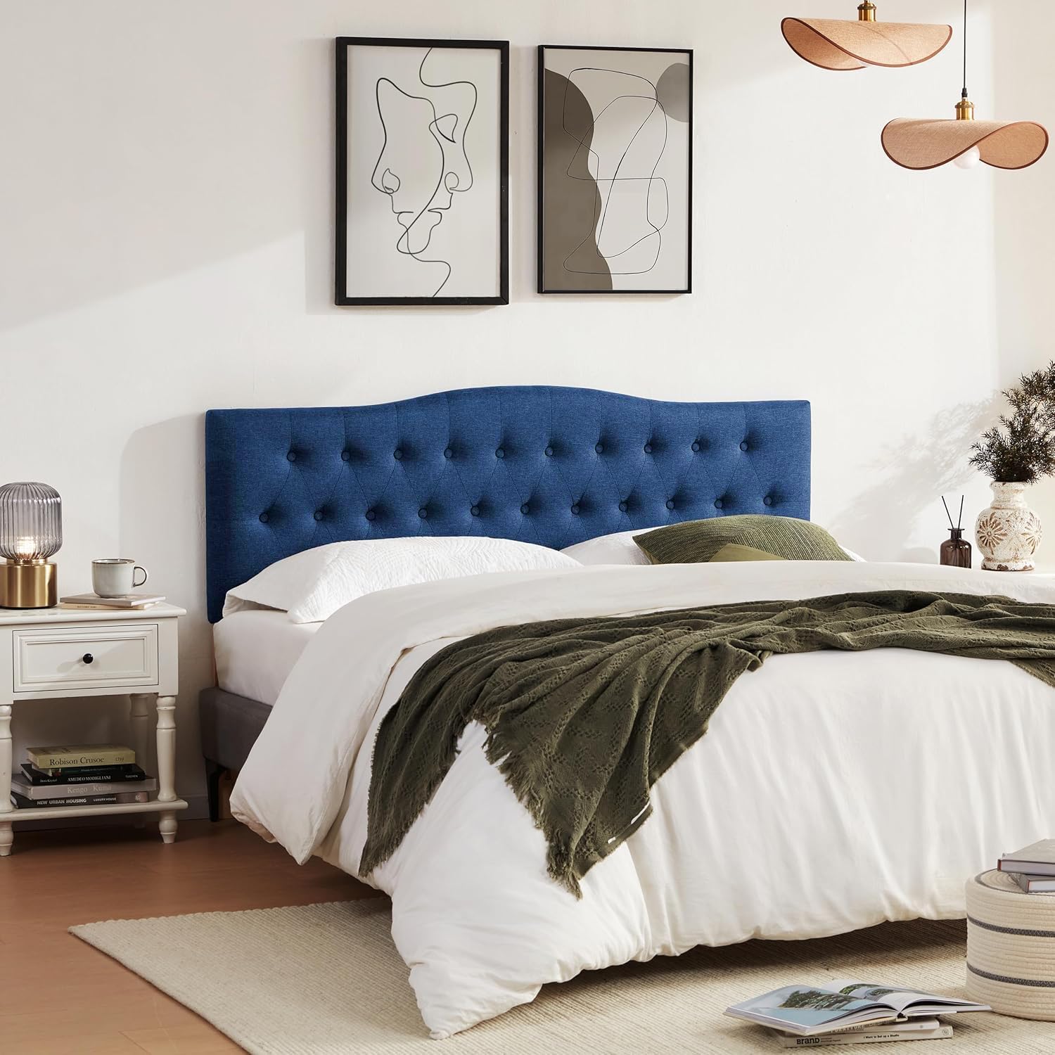 Huatean Home Tufted Upholstered Headboard King Size, Sturdy & Durable Solid Wood Bed headboard, Fabric Headboard Adjustable Height from 37' to 51', Modern Button Diamond Design Head Board, Blue