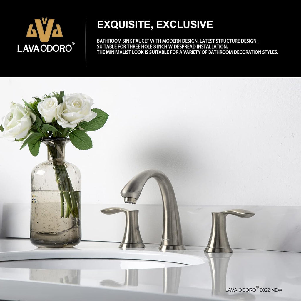 Brushed Nickel Bathroom Faucet, Lava Odoro 8 inch Widespread Bathroom Faucet 3 Hole 2 Handle Bathroom Sink Faucet Modern Bathroom Faucet Vanity Faucet with Drain Assembly Supply Line, BF405-BN