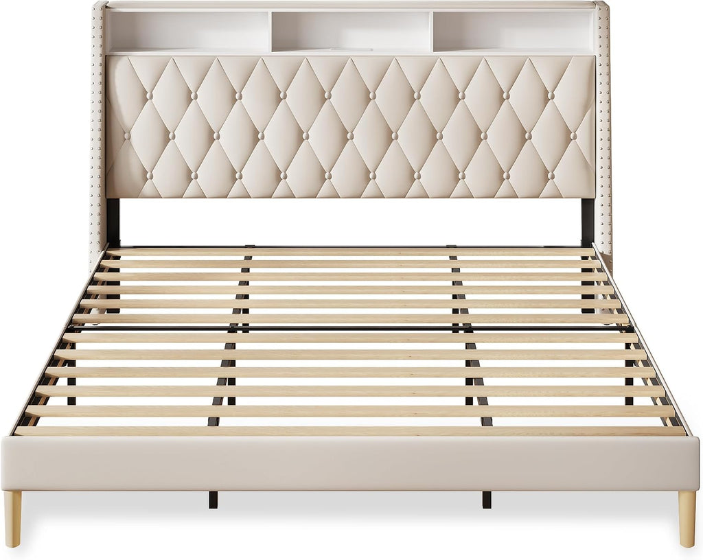 WLIVE King Size Upholstered Bed Frame with 48'' Tall Wingback Headboard, Velvet Square Tufted Platform Beds with Charging Station, Sturdy Metal & Wooden Slats Support, Beige