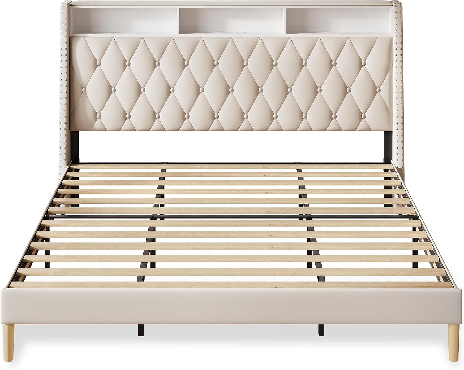WLIVE King Size Upholstered Bed Frame with 48'' Tall Wingback Headboard, Velvet Square Tufted Platform Beds with Charging Station, Sturdy Metal & Wooden Slats Support, Beige