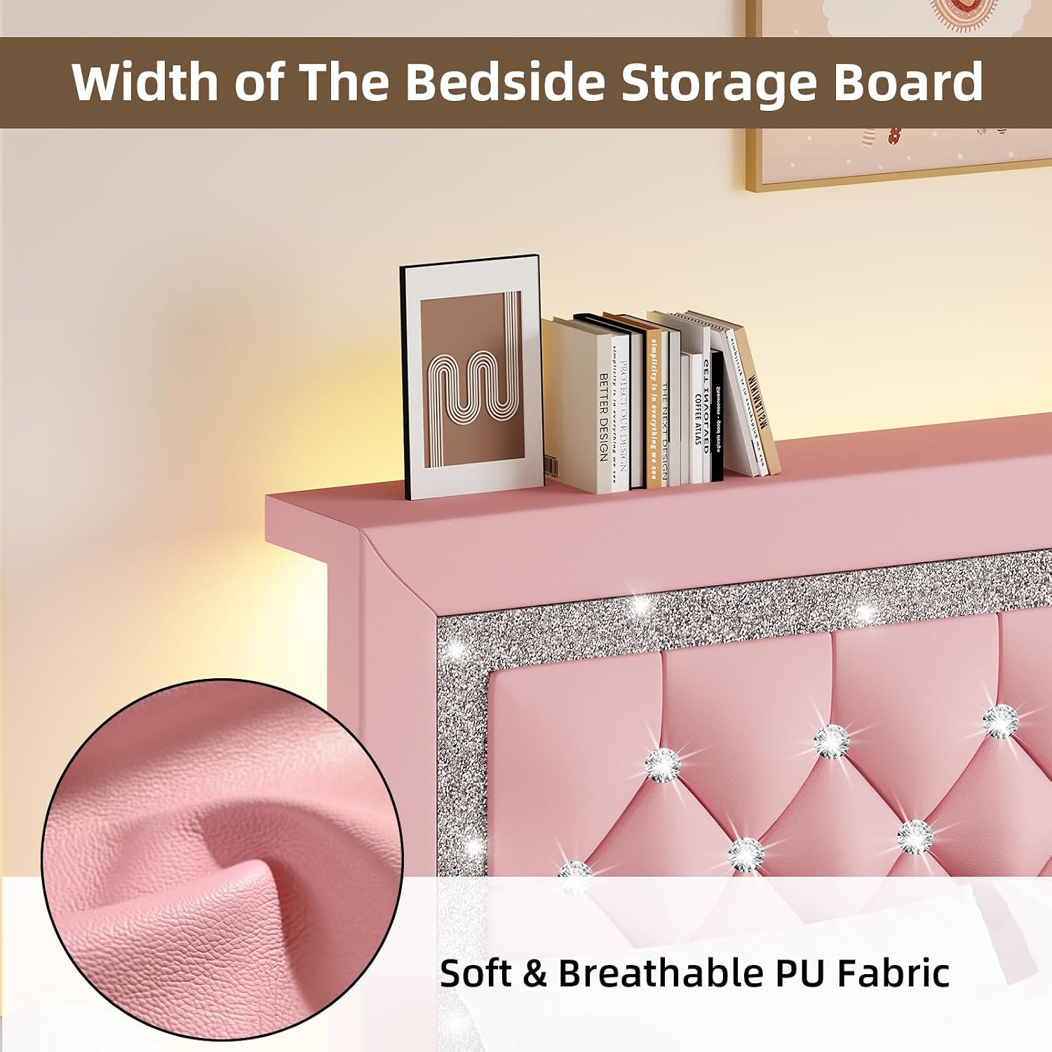 Twin Bed Frame with Storage Headboard, Upholstered Platform Bed Frame with Diamond Tufted Headboard and LED Lights, Wooden Slats Support, Noise Free, No Box Spring Needed, Easy Assembly, Pink