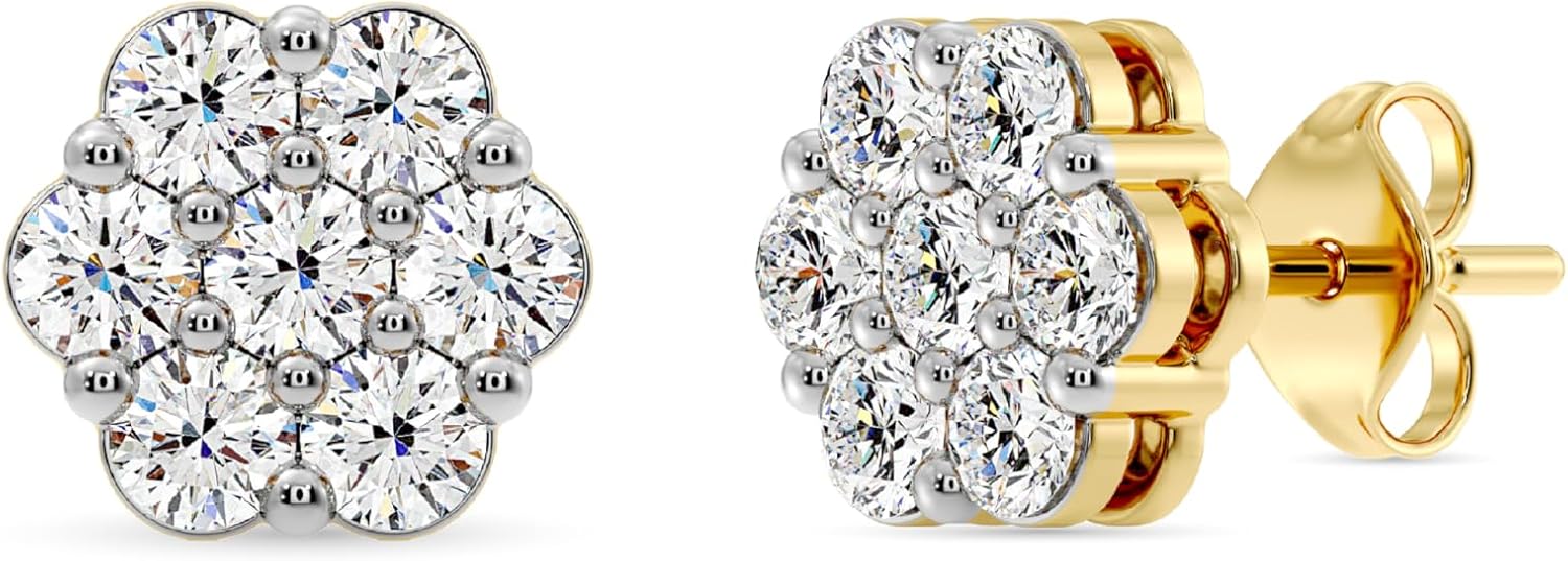 Gilded Lab-Grown Diamond 7 Stone Flower Earrings for Women in 925 Sterling Silver and 14KT Yellow Gold Plated Silver | Hypoallergenic Fine Jewelry | Hinged Closure | SI1 Clarity, F Color |1/4,1/2, 1,2 Carat Total Weight