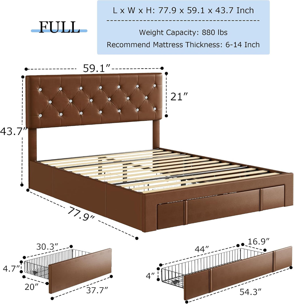 VECELO Full Size Bed Frame with 3 Storage Drawers, Leather Upholstered with Diamond Tufted Headboard, Solid Wood Slat Support & Steel Framework, PU & Brown