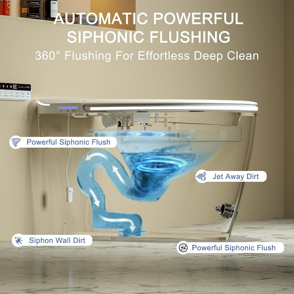 Smart Toilet with Built-in Foam Shield,One Piece Tankless Toilet with Powerful Flush and Auto-Open/Close Lid,Instant Warm Water Sprayer and Dryer Bidet,for Luxury Bathroom