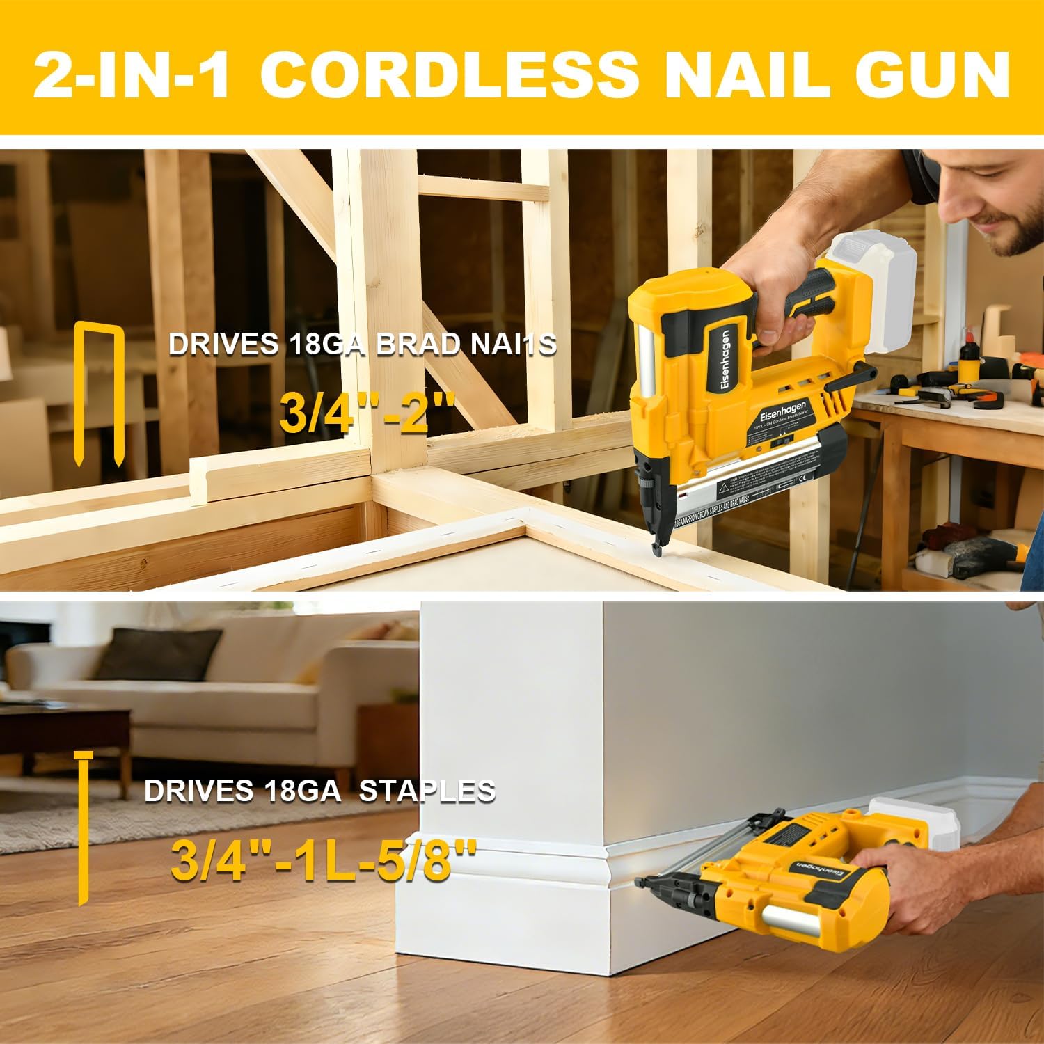 Cordless 2' Brad Nailer Compatible with Dewalt 20V Battery (No Battery and Charger), 2-in-1 Electric Nail Gun, 20V Staple Gun Battery Powered with 1000 Nails for Woodworking & Home
