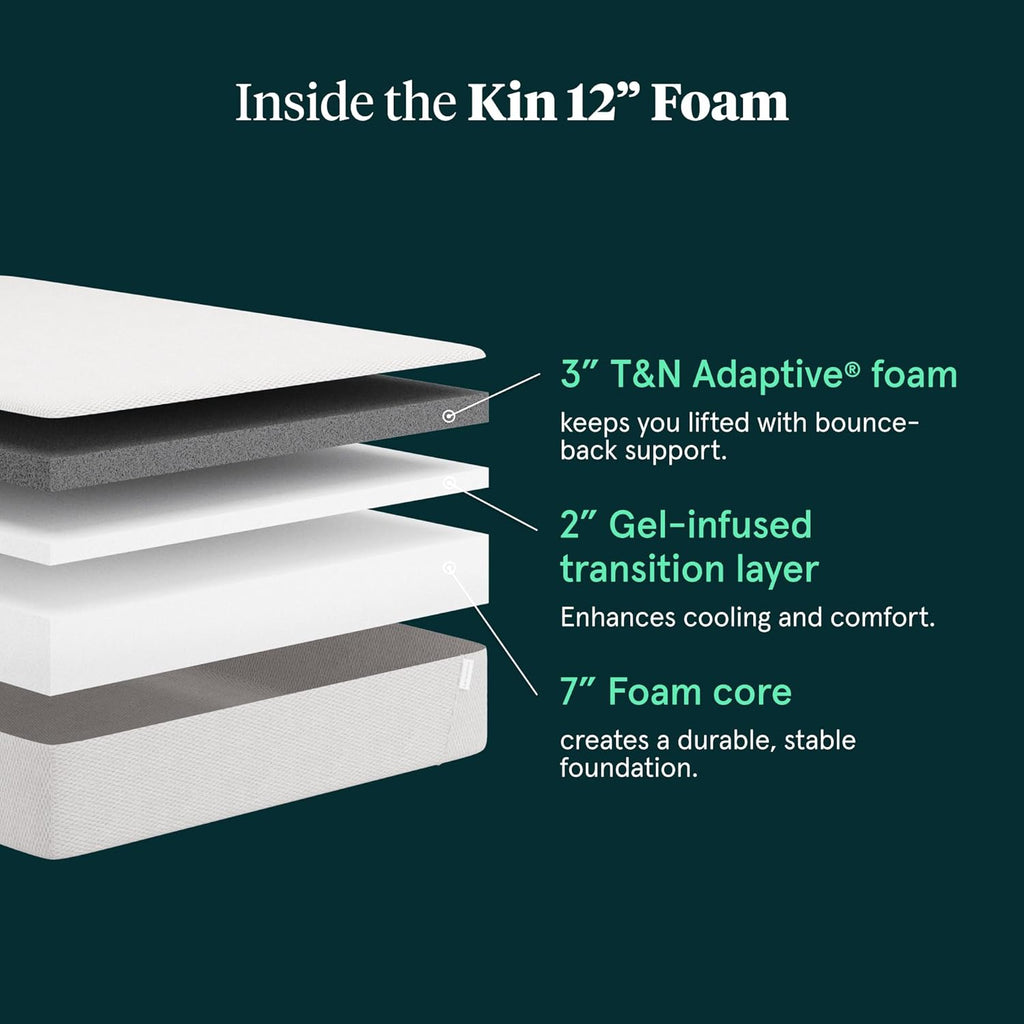 Kin By Tuft & Needle Medium 12' King Adaptive Foam Mattress in a Box, Cooling Gel, Pressure Relief, Durable Support, 100 Night Trial, Fiberglass Free, CertiPUR-US, 10-Year Limited Warranty