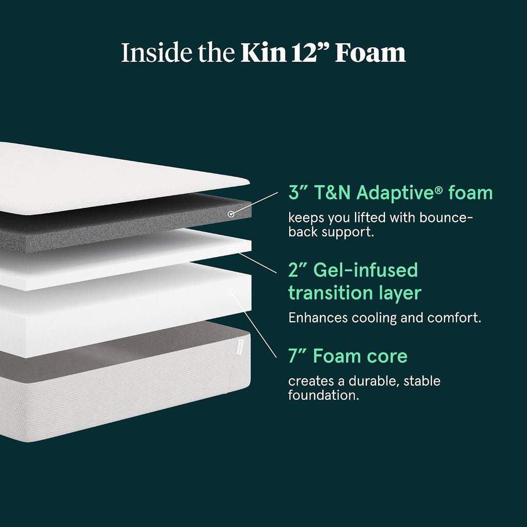 Kin By Tuft & Needle Medium 12' Twin Adaptive Foam Mattress in a Box, Cooling Gel, Pressure Relief, Durable Support, 100 Night Trial, Fiberglass Free, CertiPUR-US, 10-Year Limited Warranty