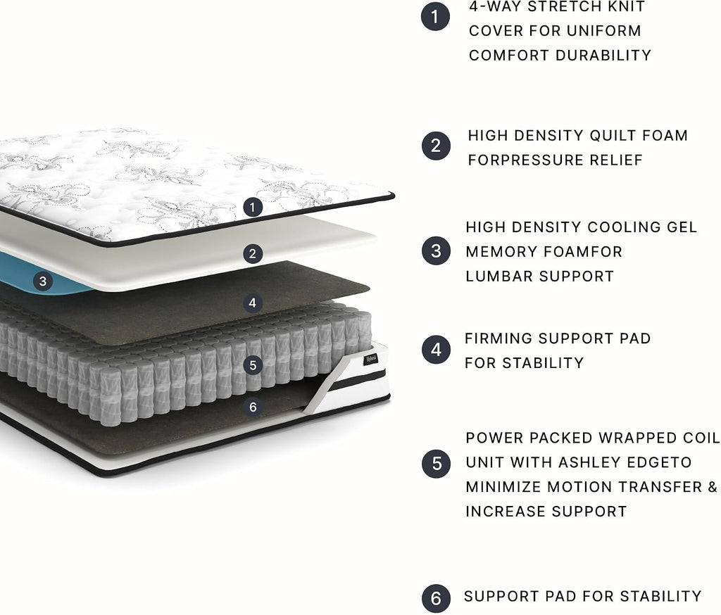 Signature Design by Ashley Queen Size Chime 10 Inch Medium Firm Hybrid Mattress with Cooling Gel Memory Foam for Pressure Relief, Fiberglass-Free, Mattress In A Box