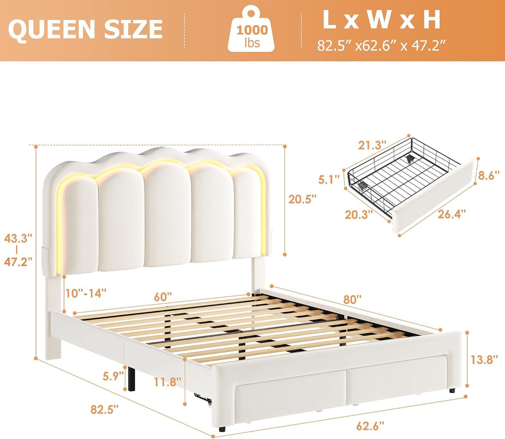 Velvet Upholstered Queen LED Bed Frame with 2 Storage Drawers and Adjustable Chic Double Wavy Headboard, Princess Platform Bed with Charing Station, Solid Wood Slats Support,No Box Spring Needed,Beige