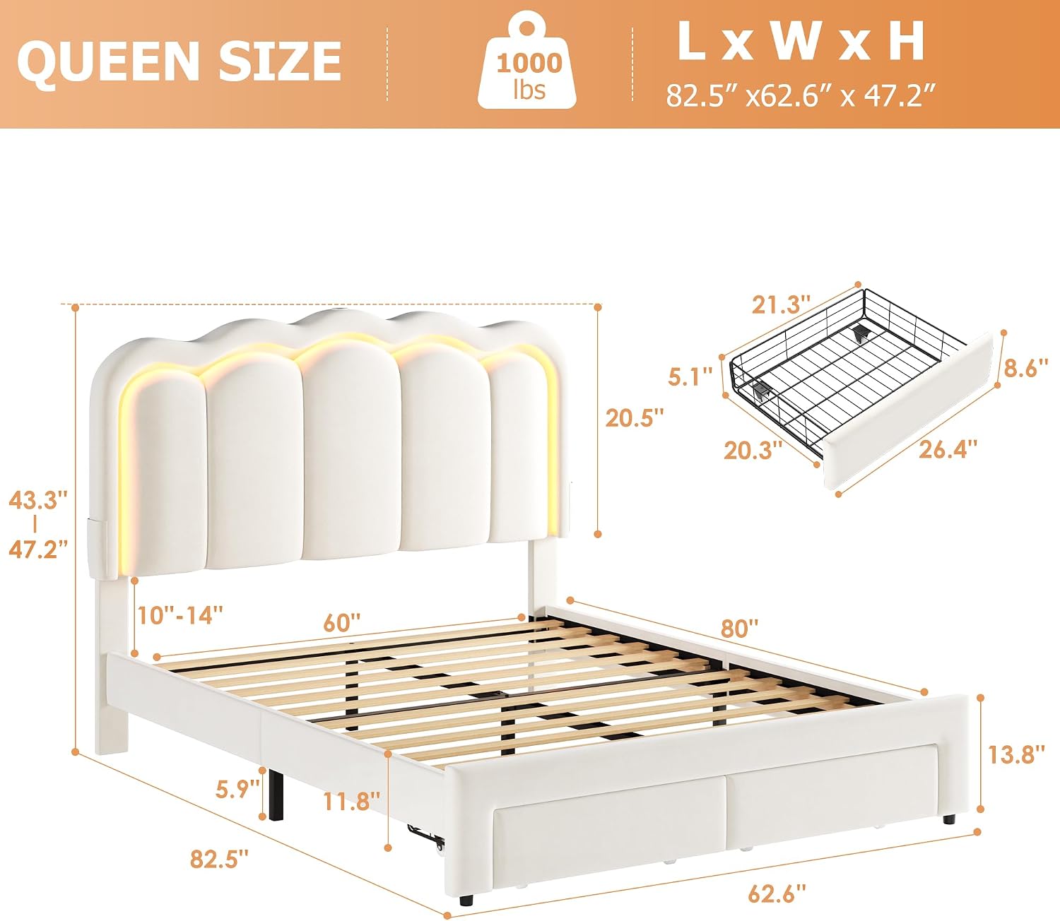 Velvet Upholstered Queen LED Bed Frame with 2 Storage Drawers and Adjustable Chic Double Wavy Headboard, Princess Platform Bed with Charing Station, Solid Wood Slats Support,No Box Spring Needed,Beige
