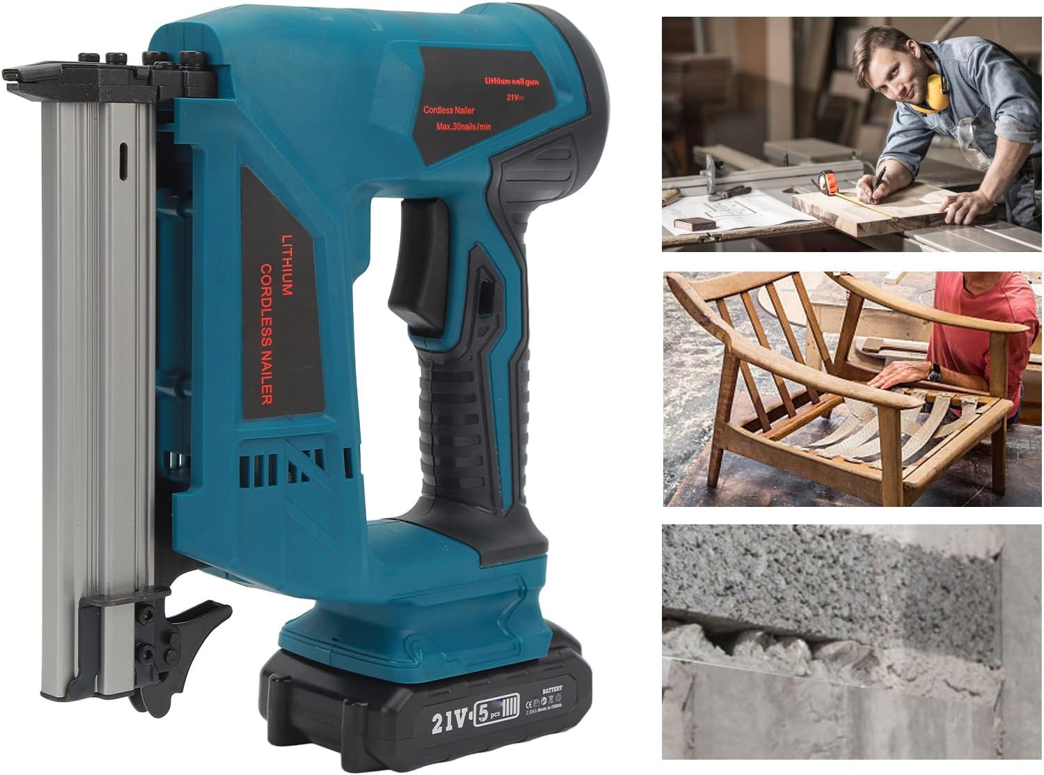 20V Cordless Brad Nailer Kit, Electric Nail Kit with 100Pcs Copper Motor, Lithium Battery and Charger, Wood Inlay and Fixed Furniture Production (US Plug 100‑220V)