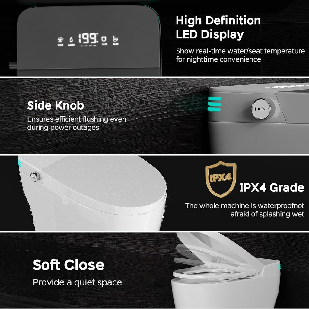 Smart Toilet with Bidet Built In, One Piece Bidet Toilet with 1.28 GPF Auto Dual Flush,Foot Sensor, Modern Elongated Tankless Toilet with Foam Shield,Heated Seat,Warm Water,Air Dry,LED Display