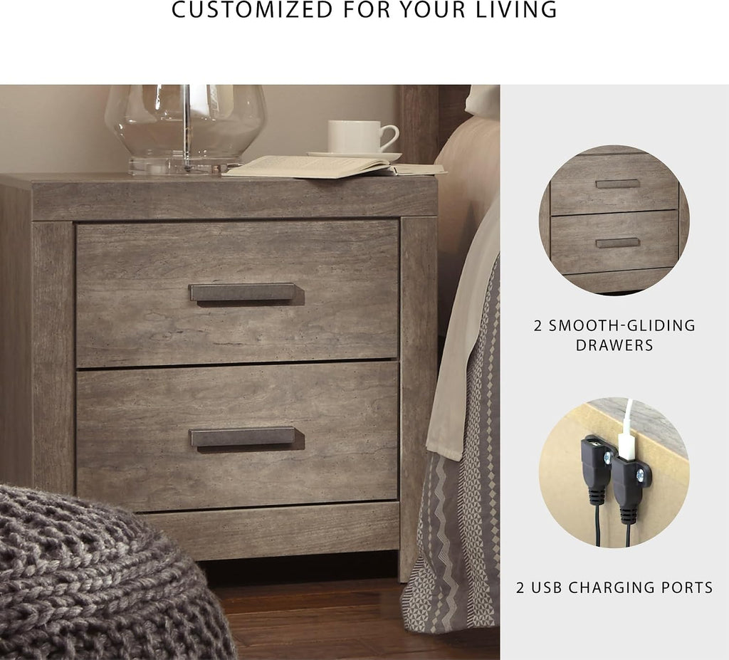 Signature Design by Ashley Culverbach Modern 2 Drawer Nightstand with 2 USB Charging Stations, 24.37' Tall, Weathered Gray