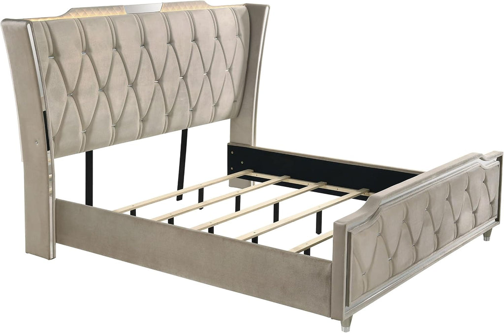 Coaster Home Furnishings - Lorient - Wood - 5-Piece Bedroom Set with LED Wingback Bed, USB Port, Traditional Style and Tufted Crown Details - Bedroom - Eastern King Size - Ivory & Camel - 222661KE-S5