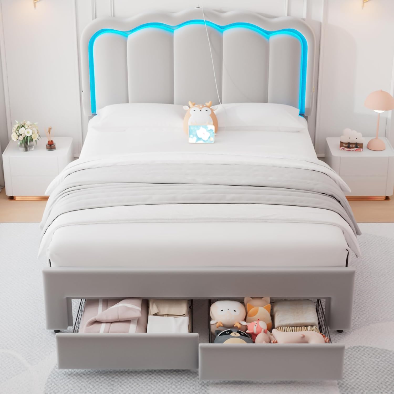 Velvet Upholstered Full LED Bed Frame with 2 Storage Drawers and Adjustable Chic Double Wavy Headboard, Princess Platform Bed with Charing Station, Solid Wood Slats Support,No Box Spring Needed,Grey