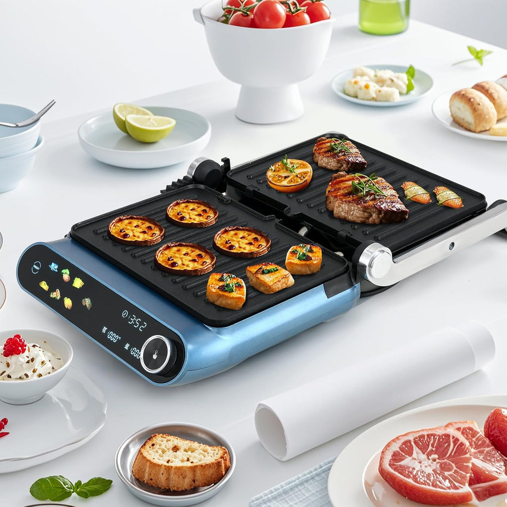 Electric Grill Indoor, Panini Press Sandwich Maker with Non-stick Reversible Grill Plates, Drip Tray & LED Display, 7 Grilling Modes, Dishwasher Safe, 1200W