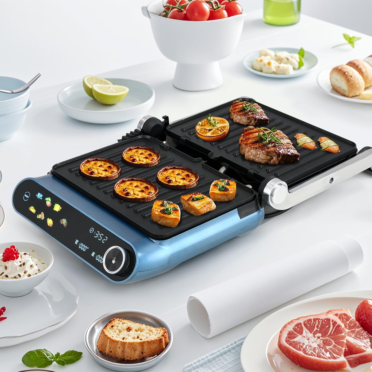 Electric Grill Indoor, Panini Press Sandwich Maker with Non-stick Reversible Grill Plates, Drip Tray & LED Display, 7 Grilling Modes, Dishwasher Safe, 1200W