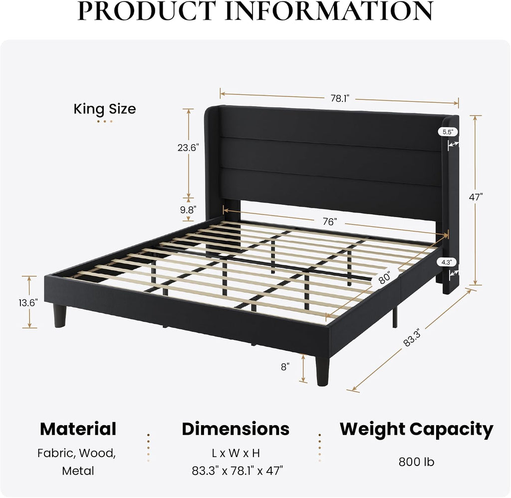 SHA CERLIN King Size Velvet Bed Frame with Wingback Headboard/Upholstered Platform Bed with Wooden Slats/Mattress Foundation/No Box Spring Needed/Easy Assembly/Black