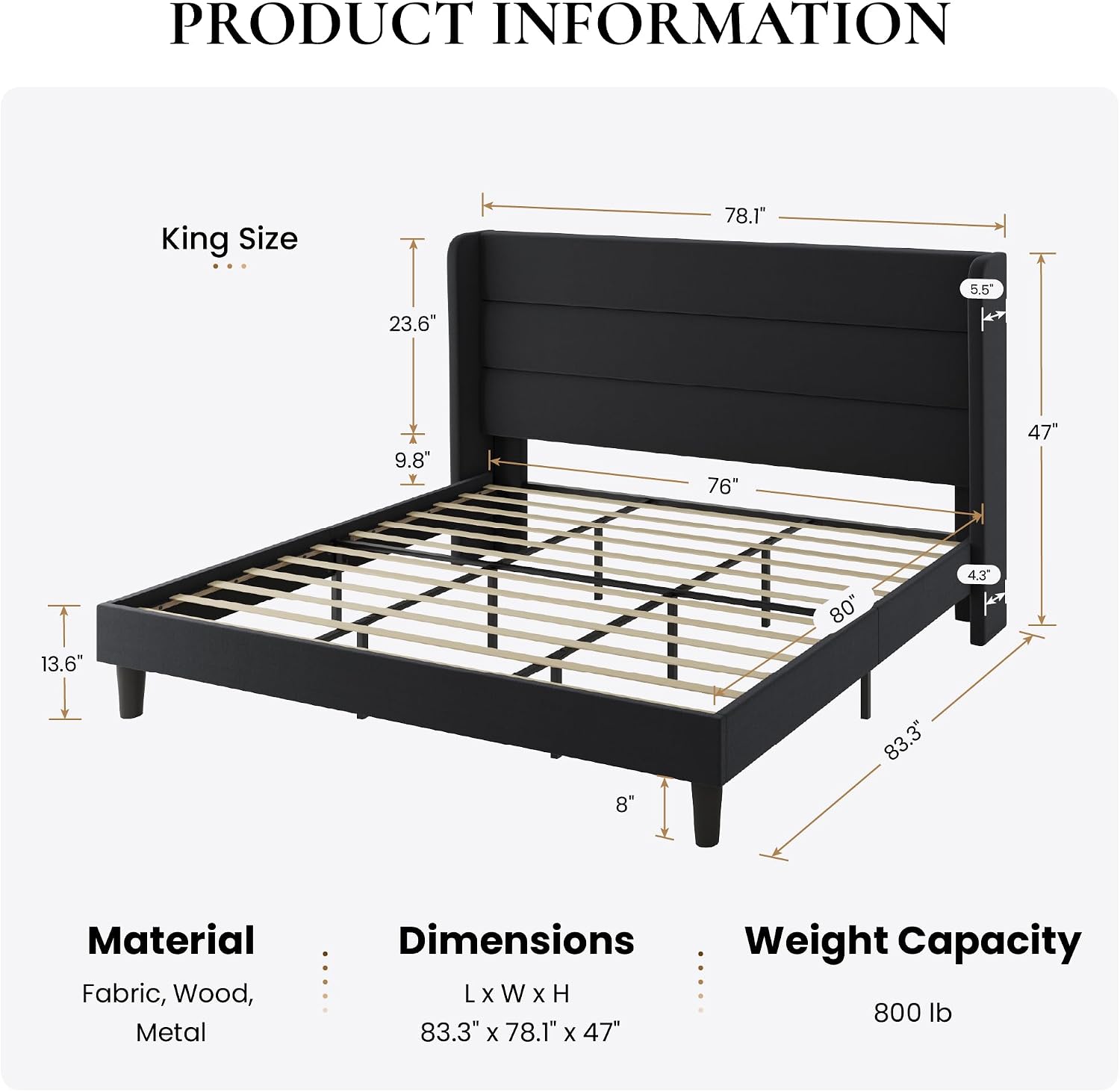 SHA CERLIN King Size Velvet Bed Frame with Wingback Headboard/Upholstered Platform Bed with Wooden Slats/Mattress Foundation/No Box Spring Needed/Easy Assembly/Black