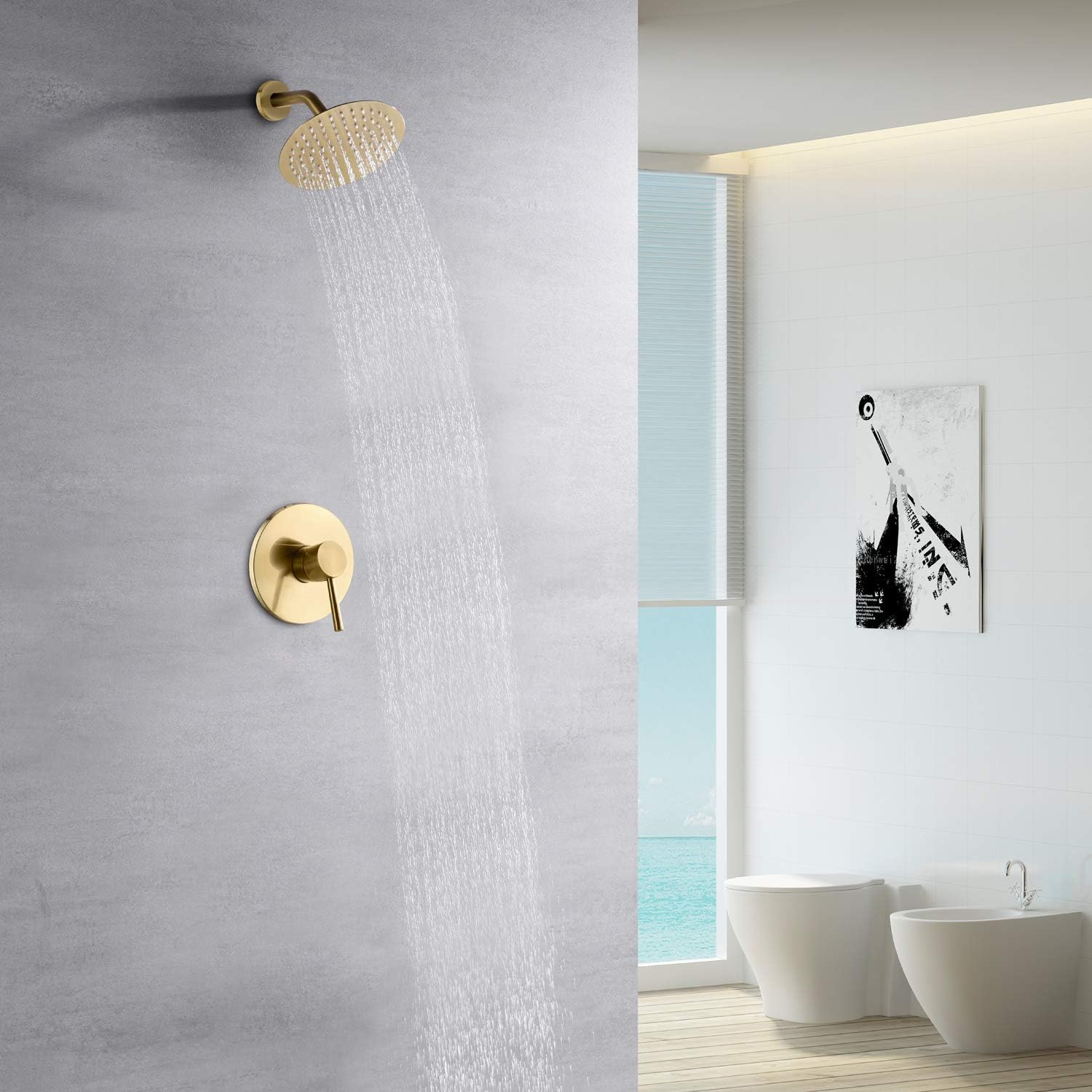 sumerain Shower Faucet Set Brushed Gold, Anti-scald Pressure Balance Valve, 8 Inches Extra-thin Rain Shower Head, with Non-return Check Valves