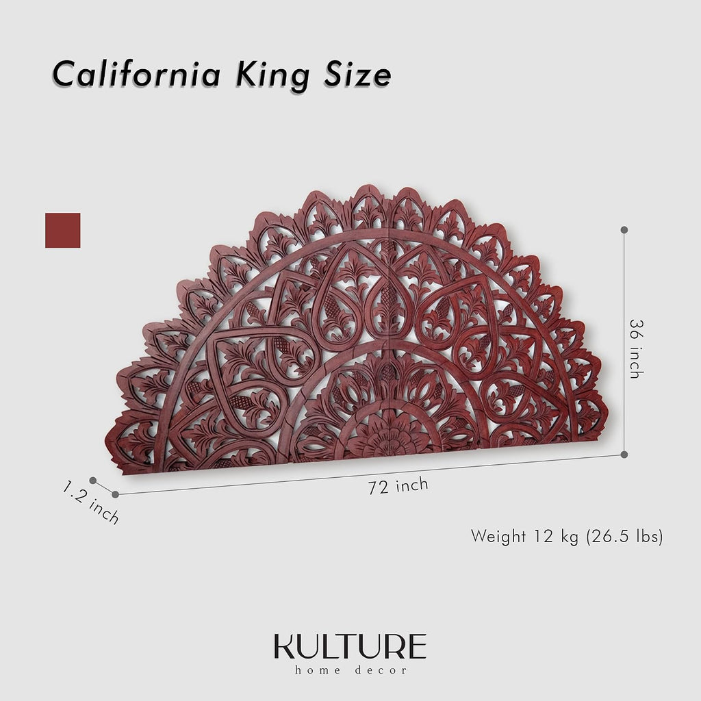 King Bed Headboard 72x36 in, Mahkota Brown Hand Carved Panels, Made in Bali Indonesia, Wall Mount or Behind Bed, 2 Panel Set