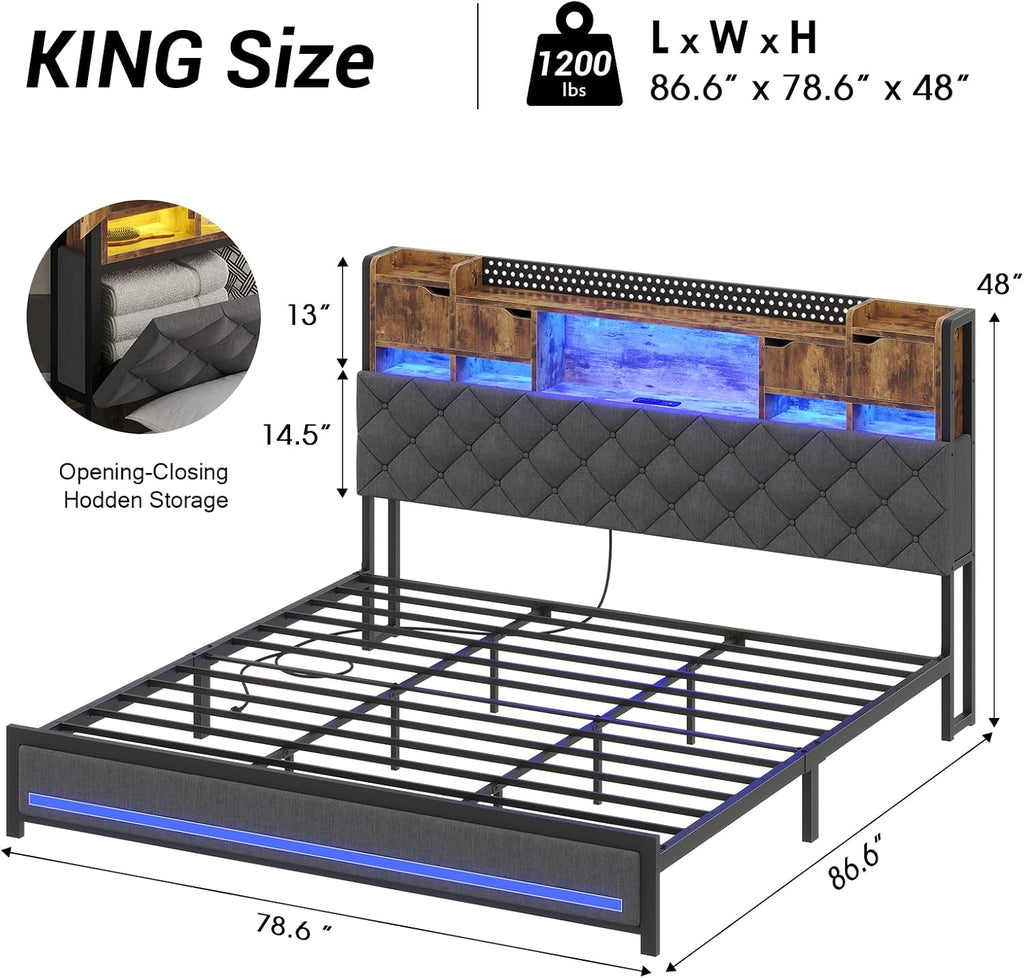 Dnxao King Size Bed Frame with Storage and Upholstered Headboard,Heavy Duty Metal Platform Bed with LED Lights,Charging Station & Hidden Shelves,Noise-Free,No Box Spring Needed,1200lbs,Gray