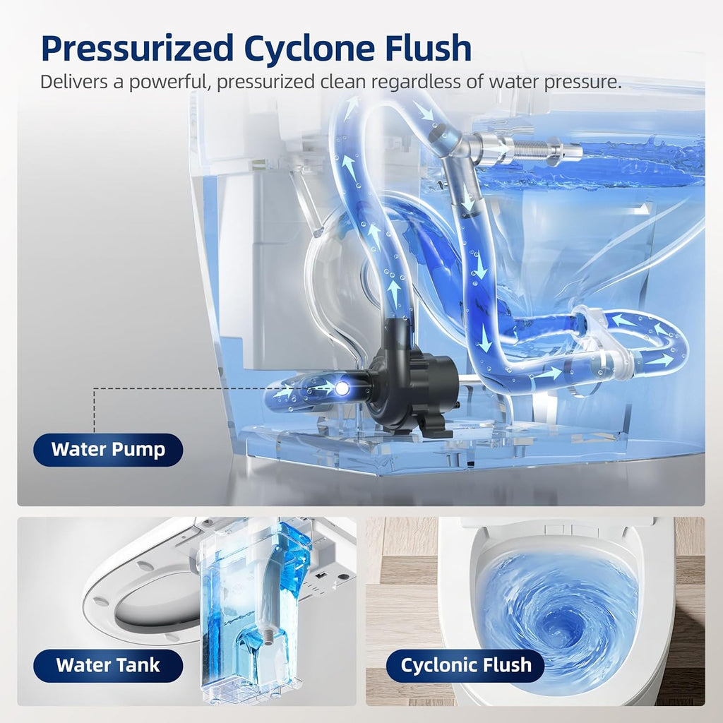Commercial Grade Smart Toilet with Built-in Tank and Pump - 12' Rough-in, Low Water Pressure Solution, Heavy Duty Smart Bidet Toilet with Knob Control, Foot Sensor Flush, Blackout Flush