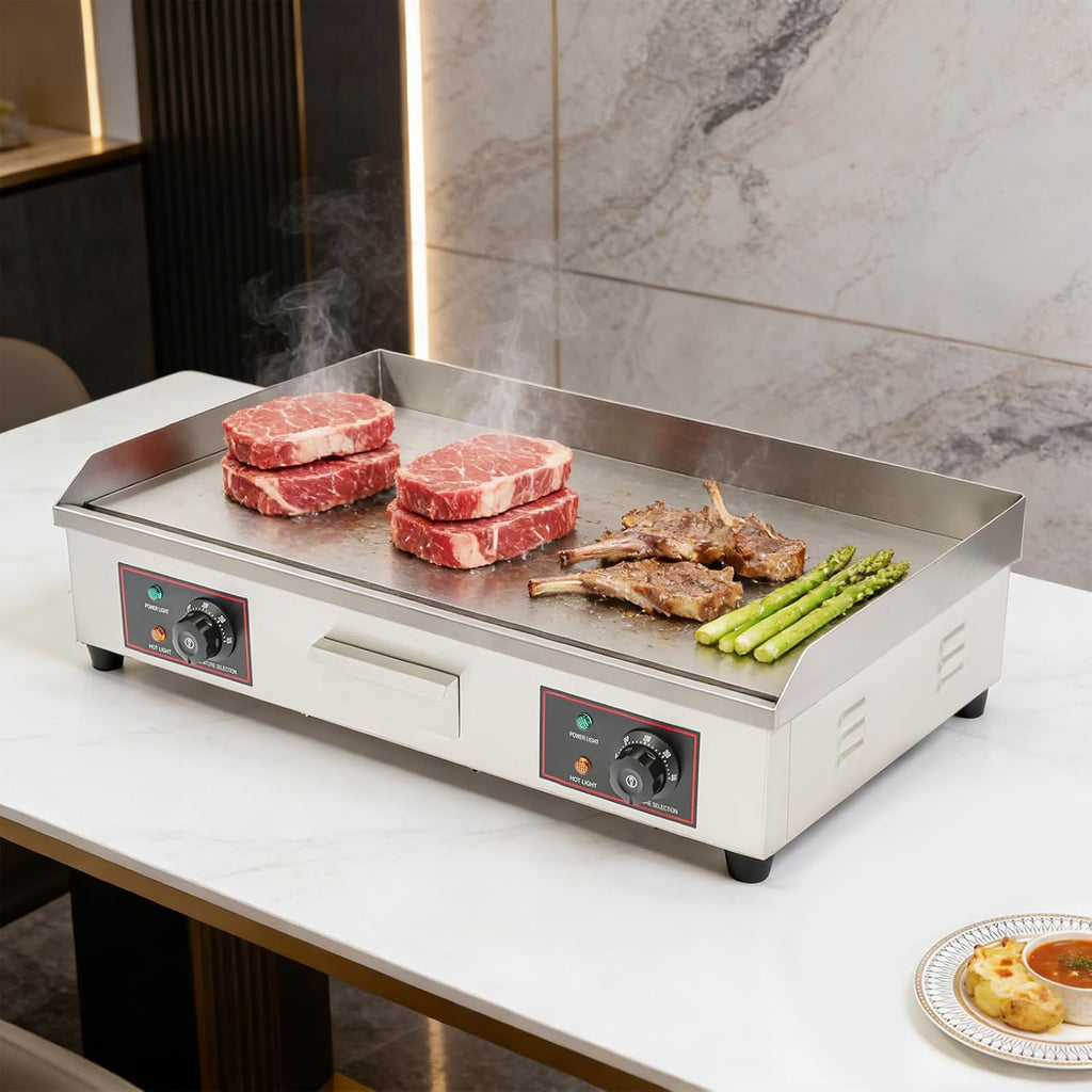 Electric Countertop Flat Top Griddle, Food Grade Stainless Steel Commercial Kitchen with Adjustable Temperature Control 122-572℉ Commercial Electric Griddle for Processing Vegetables, Meat