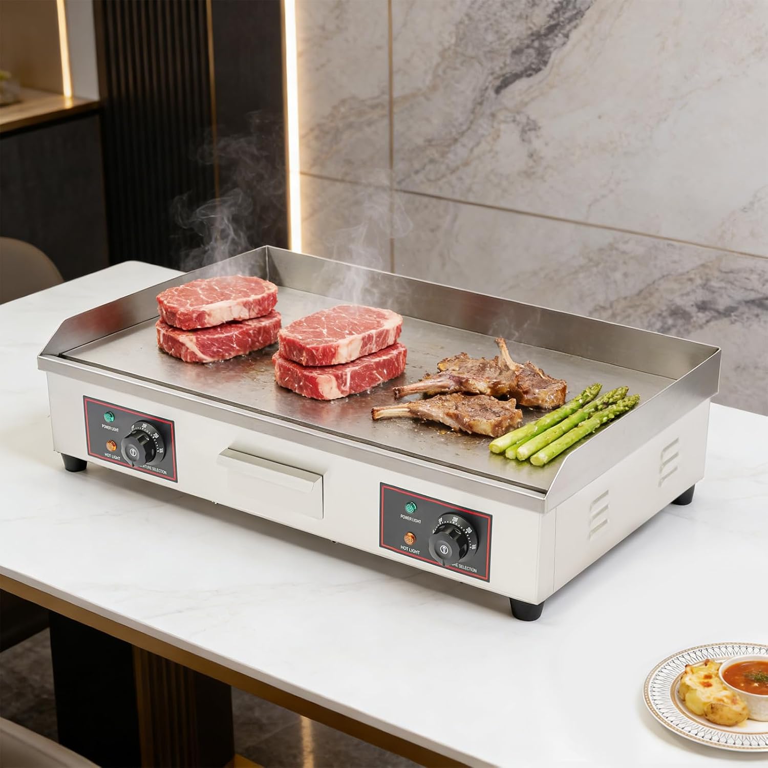 Electric Countertop Flat Top Griddle, Food Grade Stainless Steel Commercial Kitchen with Adjustable Temperature Control 122-572℉ Commercial Electric Griddle for Processing Vegetables, Meat