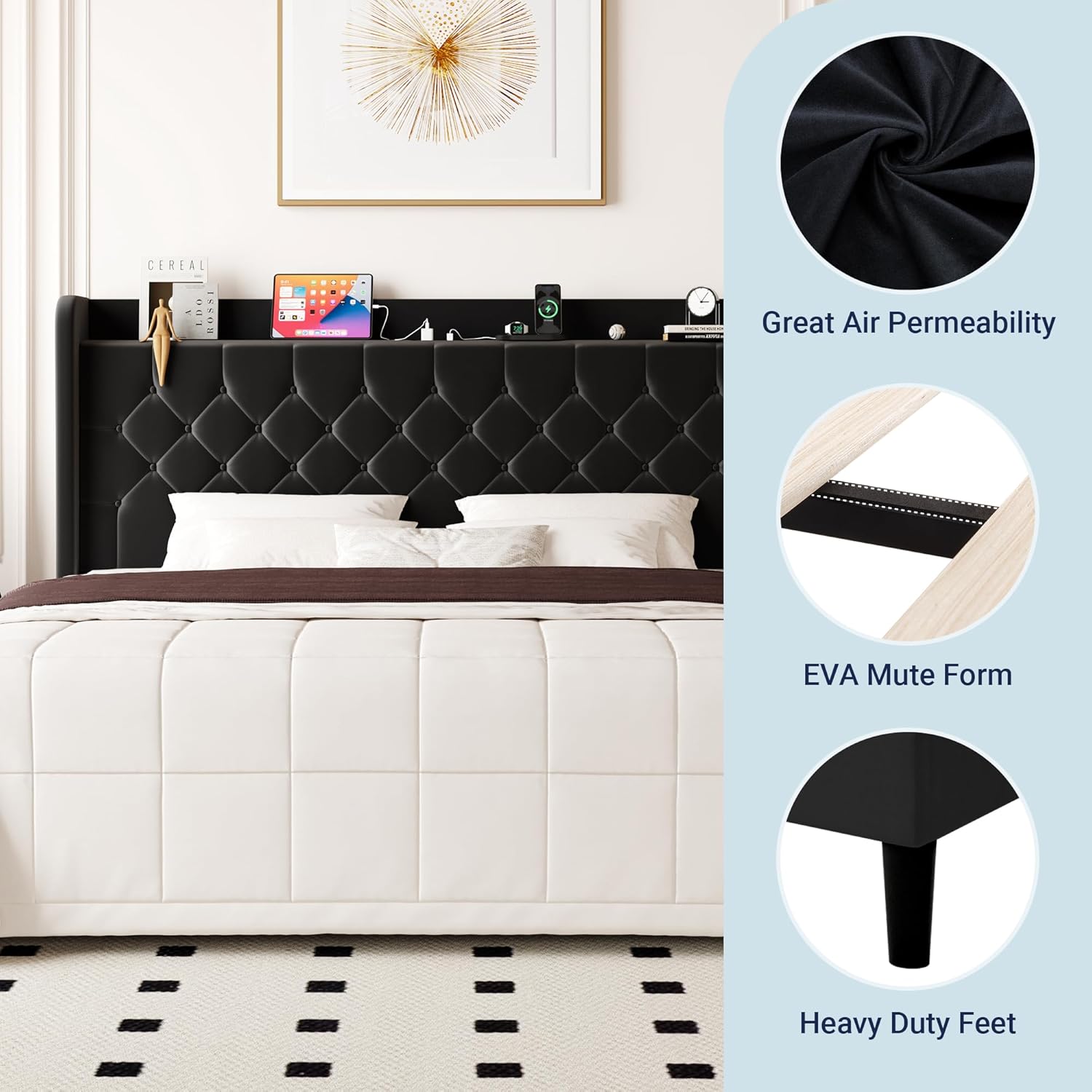 Allewie King Size Bed Frame, Storage Headboard with Charging Station, Wingback Velvet Upholstered, Diamond Stitched Button Tufted, Sturdy Wooden Slats, No Box Spring Needed, Easy Assembly, Black