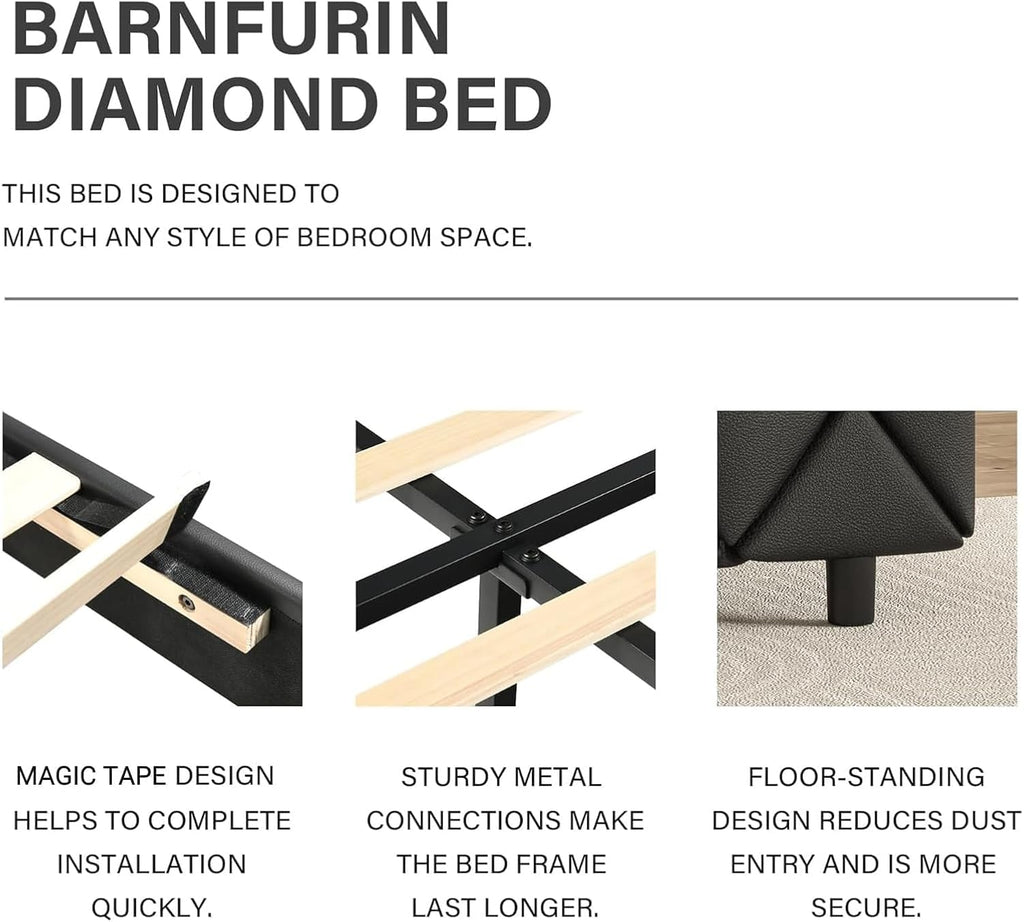 BarnFurin Queen Bed Frame with Headboard, Faux Leather Upholstered Bed with Button Tufted Headboard, Modern Platform Bed Frame with Diamond Design, No Box Spring Required, Easy Assembly, Black