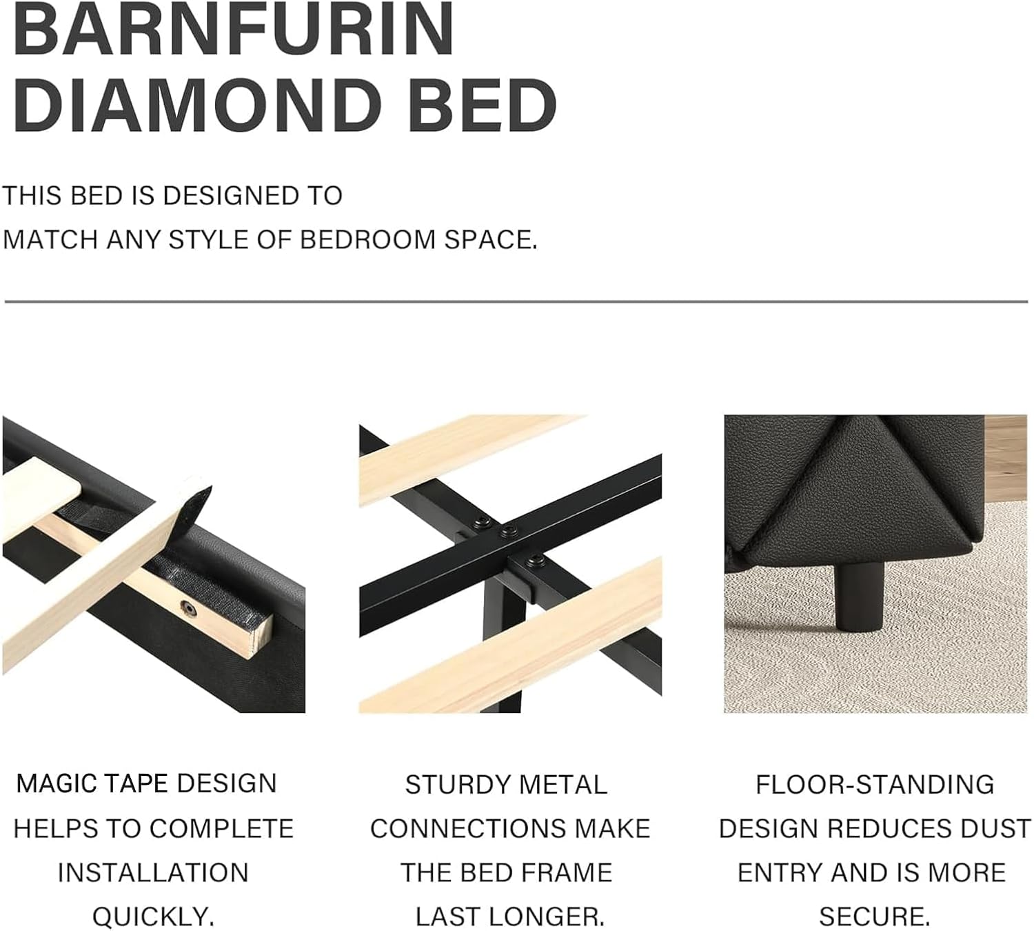 BarnFurin Full Size Bed Frame with Headboard, Faux Leather Upholstered Bed with Button Tufted Headboard, Modern Platform Bed Frame with Diamond Design, No Box Spring Required, Easy Assembly, Black