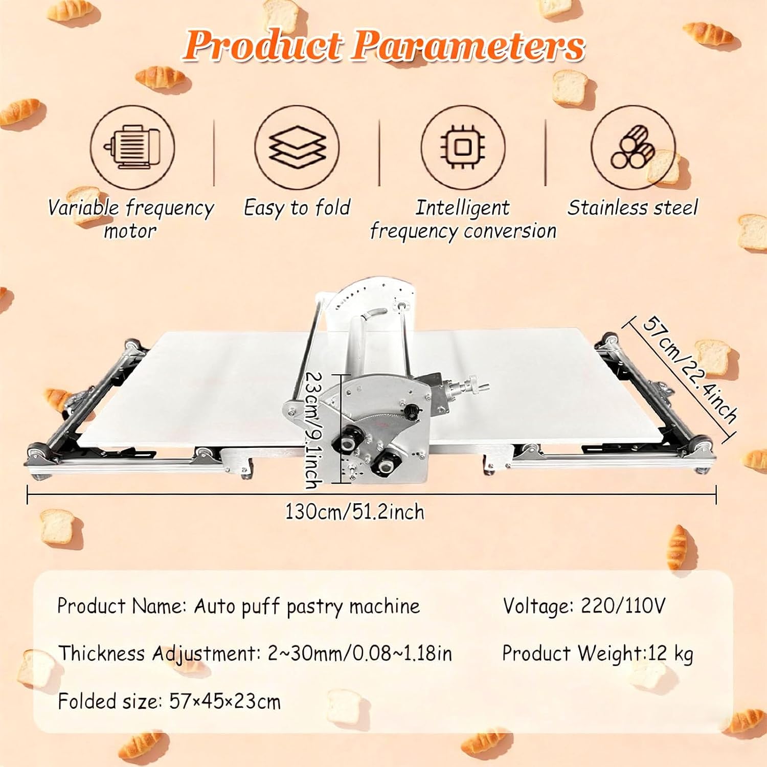Foldable Electric Dough Sheeter, Automatic Pastry Maker for Commercial/Home Bakery, 2-30mm Thickness Adjustment for Puff Pastry, Croissant, Pie Crust, Pizza & Cookie Dough