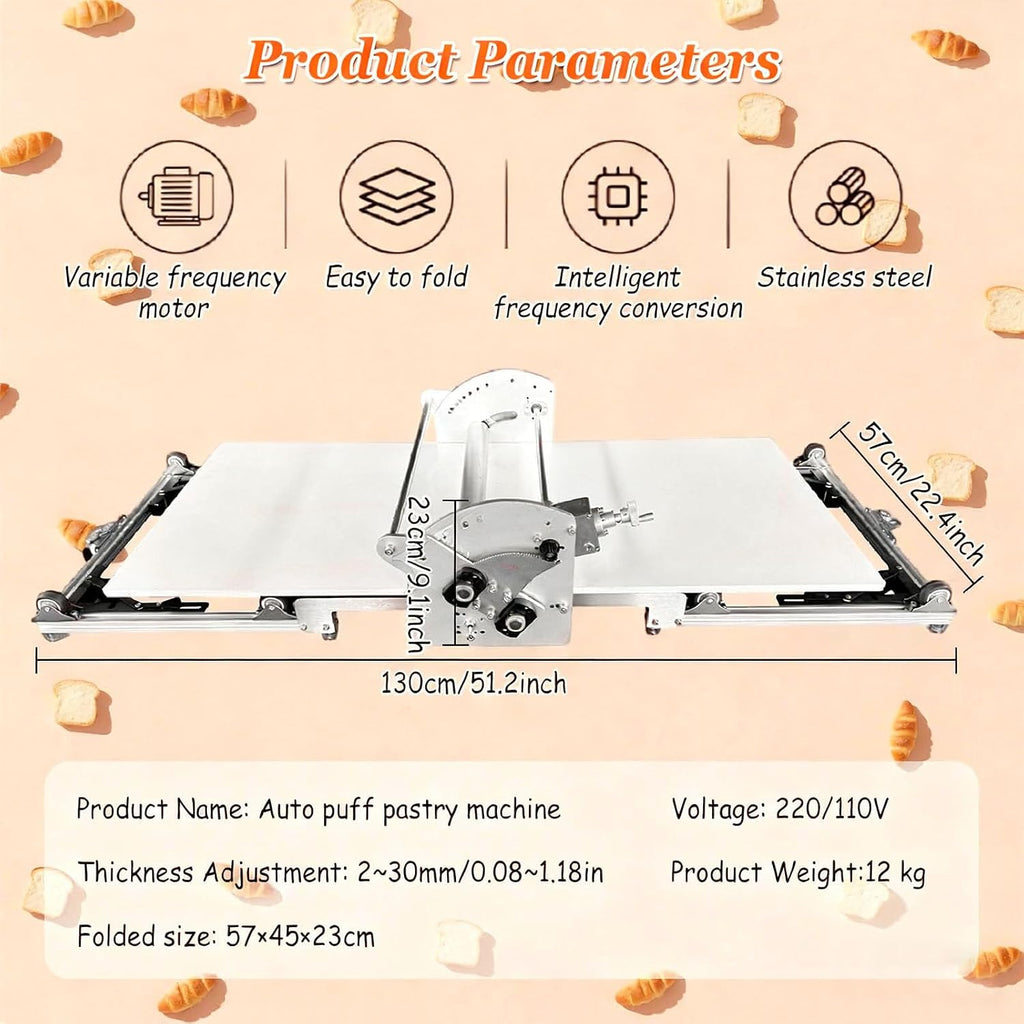 Electric Puff Pastry Maker Machine with 2-30mm Thickness Control, Foldable Dough Sheeter for Flaky Croissants, Buttery Danishes & Pie Crusts, Portable Design for Home Kitchen & Café Use