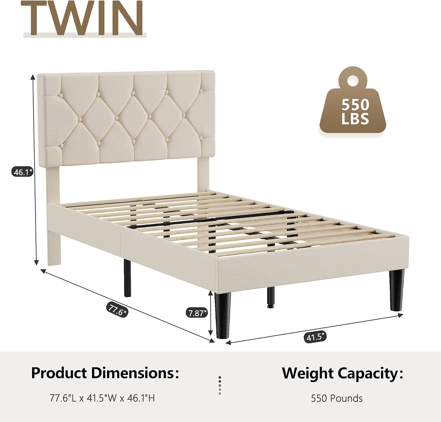 VECELO Twin Size Bed Frame with Button Tufted Headboard, Upholstered Platform Bedframe with Wood Slat Support, No Box Spring Needed, Dark Beige