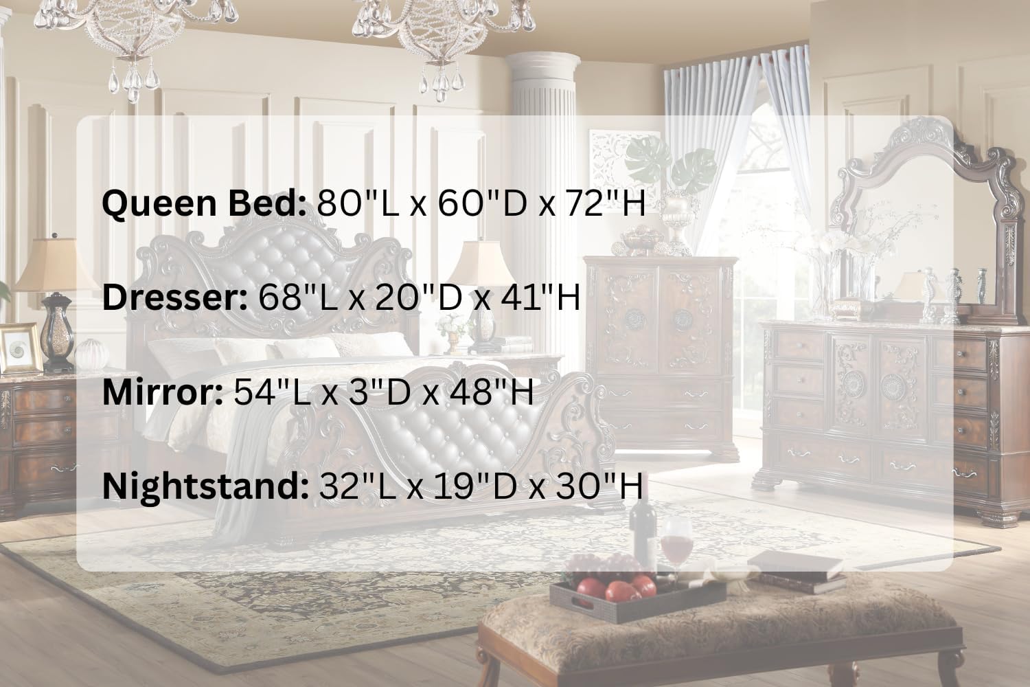 First of a Kind Santa Monica Traditional 4 Piece Queen Bedroom Set with Upholstered Tufted Headboard Elegant Classic Design Coordinated Furniture Collection, Cherry