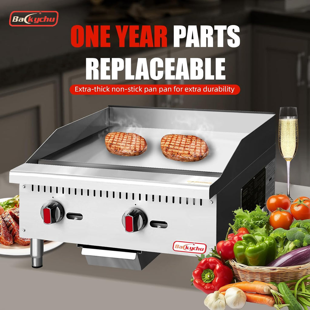Commercial Gas Griddle - 24' Countertop Griddle. 60,000 BTU Flat Top Griddle, Natural Gas (NG) / Propane, CSA Certified