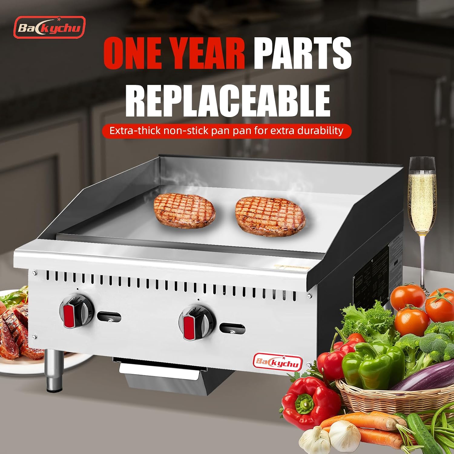 Commercial Gas Griddle - 24' Countertop Griddle. 60,000 BTU Flat Top Griddle, Natural Gas (NG) / Propane, CSA Certified