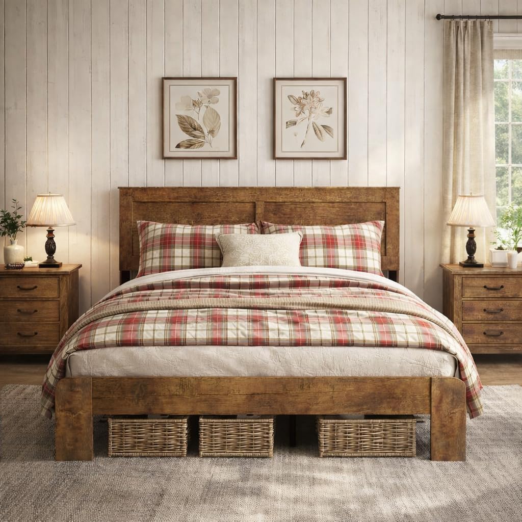Wooden Bed Frame Full Size with Headboard, Farmhouse Platform Bedframe with Wood Slat Support, Sturdy Framework Bed Frame, Easy Assembly (Rustic Brown)